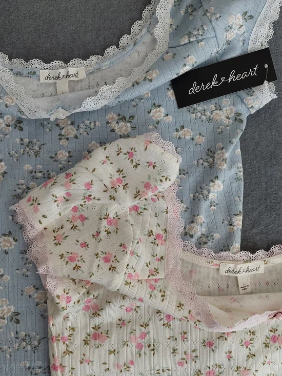 NWT Derek Heart Floral Lace Trim Ribbed Crop Top Coquette Women L - Picture 3 of 8